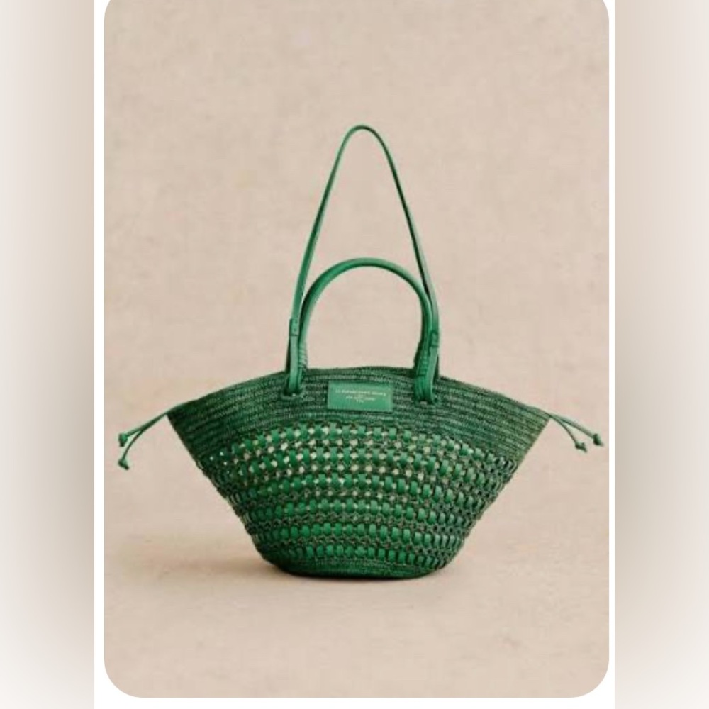 Sezane Justine Basket Bag Bright Green Leather Raffia